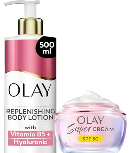 Bundle of Olay Hyaluronic Acid Body Lotion, 24HR Moisturising Cream Full Body Skin Care Vitamin B5 B3, Glycerin, 500ml + Olay Super Cream Refillable Face Moisturiser With SPF30 UV Protection