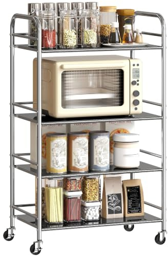 HOMCOM Rollwagen Küchenwagen 4 Ebenen mit Griffen Silber 60 x 35 x 100 cm | Servierwagen, Verstellbare Regale, Aufbewahrungswagen aus Edelstahl, für Wohnzimmer Küche Bad Büro
