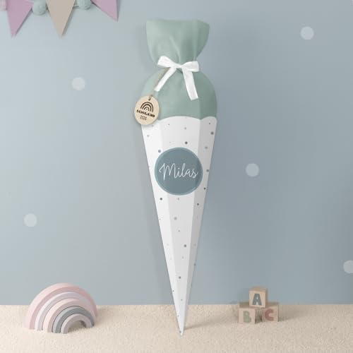 hellomini Personalisierte Schultüte aus Karton & Filz – Zuckertüte 84 cm für Jungen & Mädchen zur Einschulung – Hochwertiges Schultüten-Set mit Aquarell-Motiv (Punkte Blau, Blau)