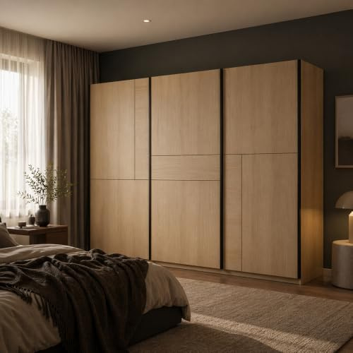 Lomadox Schlafzimmer Schwebetürenschrank Kleiderschrank mit 270 cm Breite in Eiche, 3 Schwebetüren, 2 Kleiderstangen, 6 Böden