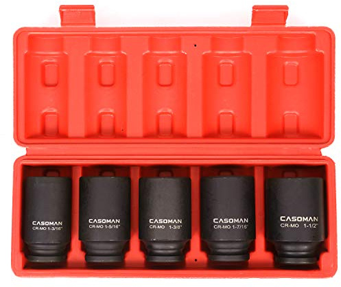 CASOMAN 1/2 Zoll Antrieb Tiefe Spindel Achse Mutter Schlag Stecknuss Set, 1/2 Zoll Antrieb Tiefe Schlag Stecknuss Set, Zoll, Cr-Mo, 6-kant, 1-3/16 Zoll - 1-1/2 Zoll, 5-teilig xle steckdose Set