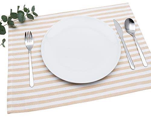 FILU Tischset 4 Stück Beige/Weiß gestreift (Farbe und Design wählbar) 33 x 45 cm - hochwertig gefertigte Platzsets aus 100% Baumwolle im skandinavischen Landhaus-Stil