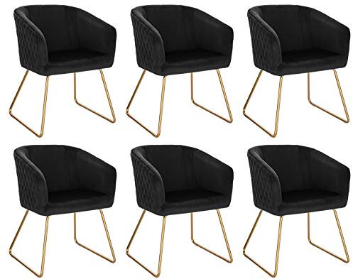 WOLTU Esszimmerstühle 6er Set Küchenstuhl Polsterstuhl Schminktisch Stuhl Wohnzimmerstuhl, Sessel mit Armlehne, Sitzfläche aus Samt, Metall Gold Beine, Schwarz BH271sz-6