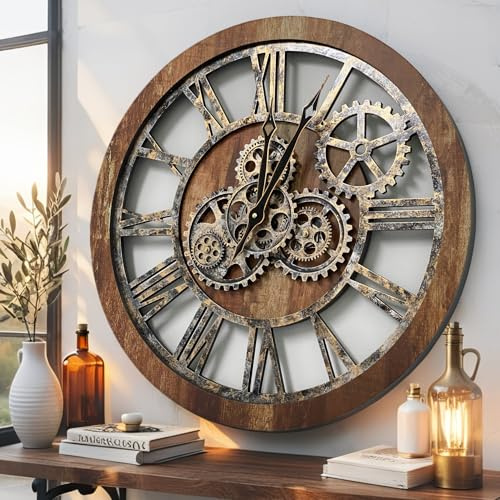 IMPROVINGLIFE Wanduhr, echtes Getriebe, 61 cm, Braun