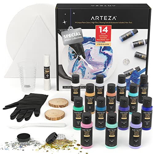 ARTEZA Acryl-Gießfarben-Set, 14 glänzende Farben – 8 Pastellfarben und hell, 3 schillernde, 3 metallische, 2 x gespannte Leinwand, 2 Holzscheiben, Glitzer und Farbgießzubehör, mehrfarbig, 28-teiliges