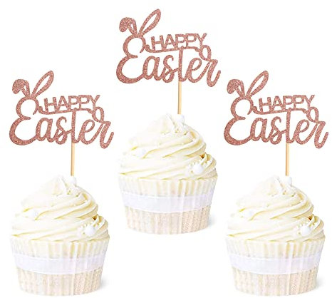 Blumomon 24Pcs Happy Easter Cupcake Toppers Rose Gold Glitter Bunny Ear Cupcake Picks Happy Easter Theme Party Cake Decorations Supplies