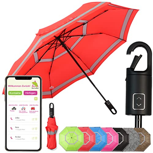 Quick Safety® wander-trekking-Regenschirm taschen-schirm herren-damenschirm jungen-regenschirm auf-zu-automatik sturmfest reflektierend Karabinerhacken-Griff-Design (signal rot)