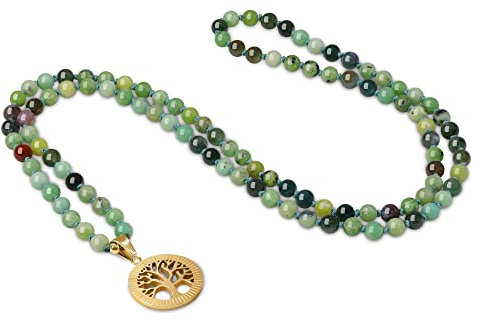 COAI Geschenkideen Verknotete 108 Malakette Gebetskette aus Australischer Jade Chrysopras und Indischem Achat mit Lebensbaum Charm