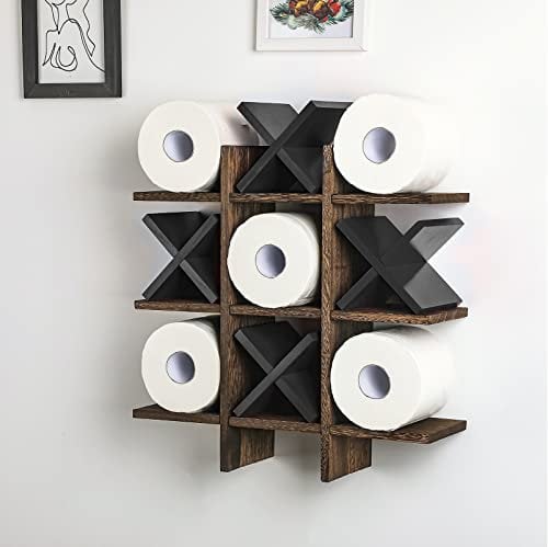 Weysat Tic Tac Toe Toilettenpapierhalter, Ständer, Toilettenpapier-Aufbewahrung, Badezimmer-Dekoration, rustikale Holzaufbewahrung, freistehend, wandmontierte Regale, Dekoration für Toilettenpapier,