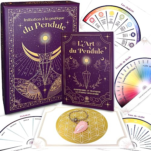 VIBRATIS Coffret d'Initiation au Pendule Divinatoire : 19 Planches de Radiesthésie, Livre Complet, Pendule Divinatoire Offert et Fleur de Vie pour Purifier le Pendule