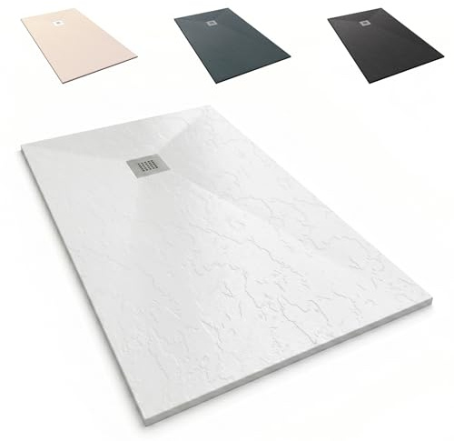 NEBADOON Plato de Ducha Resina Roma II Antideslizante 90x140 Blanco | Antibacteriano, textura pizarra, válvula 60 l/min incluida, corte a medida, fabricado en España, garantía 3 años