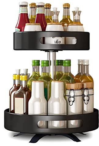 Auvrgmin 360°Drehbare Küche Gewürze Organizer weiß, Edelstahl Kugellager Drehteller Organizer, Regal für Küche, Bad, Balkon, Schminktisch- Gewürzregal Plattenspieler (2 Etagen) (Schwarz)