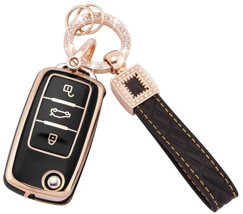 Koaudb Autoschlüssel Hülle Cover Passt für VW Passat Golf Polo Beetle Jetta Touran EOS, 3 Tasten Schlüsseletui TPU Schlüsselhülle mit Lederanhänger Schlüsselanhänger (BP-Vlw-3S)