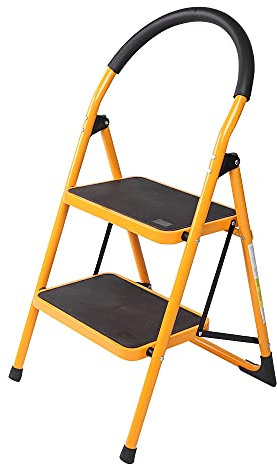 Karlhome 2-Step Folding DIY Step Ladder, Heavy Duty Steel Step Stool w/Non-Slip Side Armrests Large Pedal Area Lightweight Steps, 150kg Capacity, 90cm, Orange Yellow