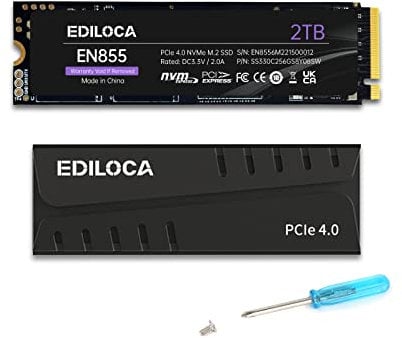 Ediloca EN855 Interne Gaming SSD mit Kühlkörper, 2 TB PCIe Gen4, NVMe M.2 2280, bis zu 7400 MB/s, 3D NAND TLC, Internes Solid State Drive, 2GB DRAM-Cache konfigurieren, kompatibel mit PS5 und PC
