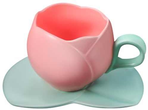 NOLITOY Taza de café de cerámica, taza de café con forma de tulipán, bonita taza rosa para mujer con platillo, taza de té de 300 ml con mango cómodo para oficina en casa