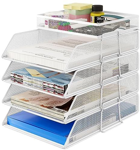 TQVAI Schreibtisch Organizer 4 Fächer mit Oberes Tablett Metall Dokumentenablage A4 Papierablage Ablage Zeitschriftensammler Zubehör Organizer für Büro Zuhause Schule, Weiß