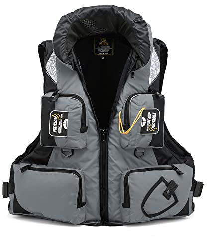 Multi-Pocket-Angel-Rettungswesten, multifunktionale Weste für Erwachsene, verstellbare Kanu-Kajak-Schlauchboot-Segel-Schwimmhilfe für Männer/Frauen, Grau, XL (1221SUNY)