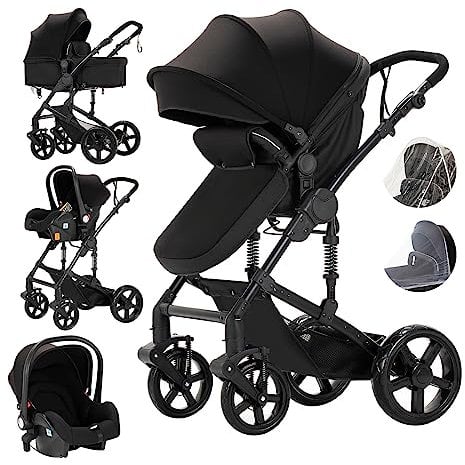 MoLi Kinderwagen 3 in 1, Kinderwagen mit Umkehrbarem Doppelschiebemodus, Buggy mit Großer Bequemer Babywanne, Kombikinderwagen 3 in 1 Rahmen Aluminiumlegierung Faltbar Hohe Landschaft (588 Black)