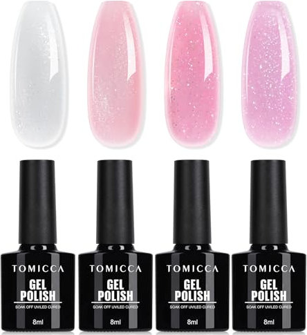TOMICCA UV Nagellack Glitzer Set, 4 Farben Transparenter Rosa Weiß Glitter Gel Nagellack, UV Lampe Soak-Off UV/LED Schellack Nagellack, für Nagelstudio und DIY Maniküre zu Hause, 8ML