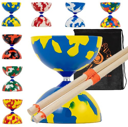 Jester Diabolo Set with Wood Sticks - Pro Medium Rubber Diablo Set With Wooden Handsticks and Cascade Carry Bag (Blue and Yellow)