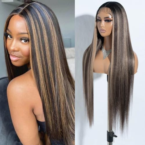 Joedir 86 cm Lange Yaki Gerade Spitze Front Synthetische Highlight Perücken HD Transparent Glueless Perücke Hitzebeständig Faser Vorgezupft Haaransatz mit Baby Haar für Frauen
