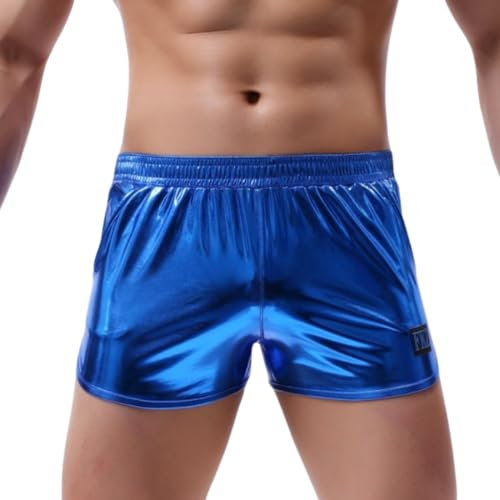 SamHeng Herren Metallic Boxer Shorts Sexy Shiny Mit Taschen Trunks Badeanzüge Heiße Beute für Club Party Blau/L