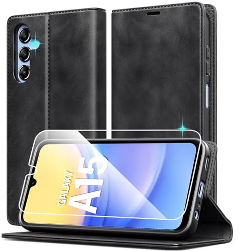 Cover per Samsung Galaxy A15 4G/5G, Custodia Flip in Pelle per Samsung Galaxy Galaxy A15 4G/5G, Caso in PU Pelle Premium Portafoglio Custodia Chiusura Magnetica, Kickstand, Slot per Schede, Nero