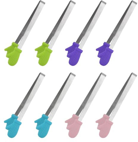 Xmart 8 Stück Zuckerzange Klein Mini Eiszange Kieselgel Zangen Candybar Edelstahl Gebäckzange Multifunktionales Küchengerät Geeignet für Eiswürfel SüßIgkeiten Kekse Salate und Desserts(4 Farben)