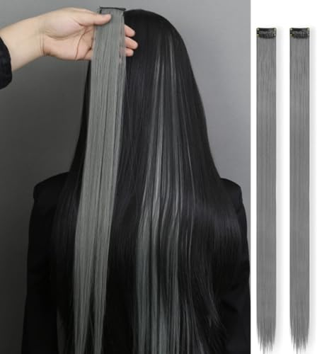 2 x Clip-In Hair Extension Highlights Streaks, Colourful Hair Highlights (Silver Grey)