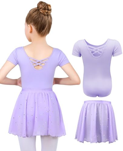 MYSSUCI Ballettkleidung Mädchen Ballettkleid Kinder Kurzarm Baumwolle Ballettanzug Tanzbody Tanzkleid mit Chiffon Rock Tütü 3-11Jahre (Violett, 140)