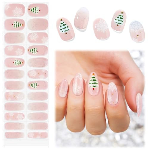 EBANKU Christmas Semi Cured Gel Nail Strips, 24PCS Christmas Gel Nail Stickers - Long Lasting & Easy to Apply & Remove for Salon Quality Manicure | Pink Glitter