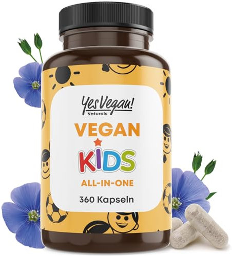 Kinder Vitamine All-in-One (360 Kapseln = Jahresvorrat) Vitamin B12+D3+K2+B2+B6+B9 Folsäure + Zink + Eisen + Selen + Natrium + Kalium + Jod - Vitamine Kinder - Multivitamin Kind (1)