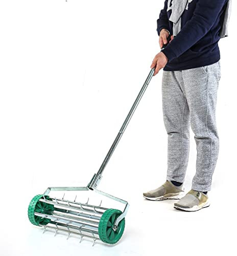 HYGRAD BUILT TO SURVIVE Manual Handheld Rotary Roller Garden Lawn Backyard Spike Soil Aerator Telescope Handle Dethatching Tool