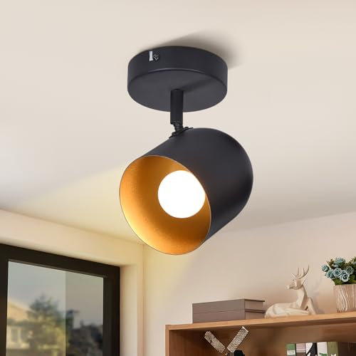 Kowanie Deckenstrahler Vintage 1 flammig: retro Deckenleuchte Schwarz Gold Industrial Deckenlampe E14 Deckenspots Flur aus Metall Schwenkbar 350° Wandstrahler für Küche Wohnzimmer - Ohne Leuchtmittel