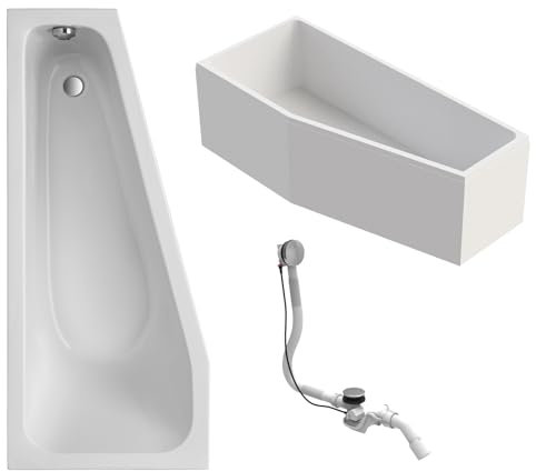 Schulte Badewanne Riva links 170x75 cm, aus hochwertigem Acryl in Weiß glänzend inkl. Wannenträger, Ab- und Überlaufgarnitur