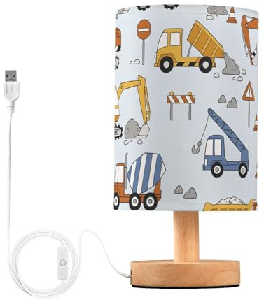 Mnsruu Bedside Table Lamp Truck Excavator Childish Construction Vehicle Bedside Lamps LED Light Desk Lamp Fabric Shade Small Lamp for Bedroom Living Room (Bulb Included)