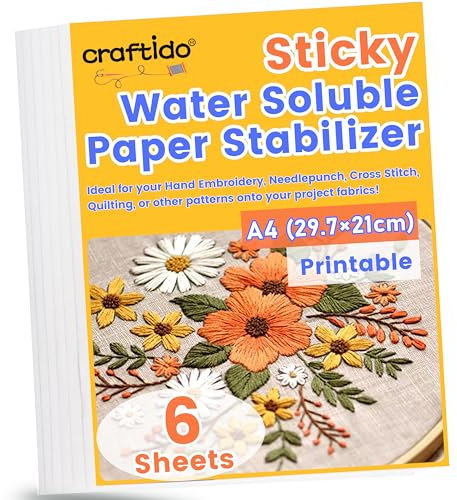 craftido A4 6PCS (29.7x21cm) Stabilizzatore per Ricamo Autoadesivo Idrosolubile Carta dissolvente stampabile, Peso Medio consentito per Stampare o disegnare Motivi, Ricamo a Macchina e a Mano