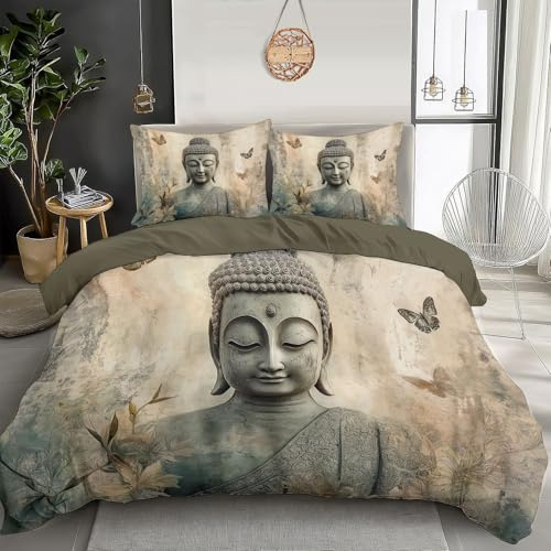 WunM Studio Bettwäsche155×220CM - Bettwäsche-Sets Exquisite traditionelle Kultur Bettbezug 3er Set mit 2 Kissenbezüge 80x80 cm, Oeko-TEX Bettwäsche alte thailändische Buddha-Statue