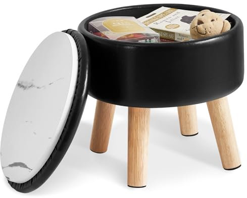 IBUYKE 13” Kleiner Fußhocker Ottomane mit Stauraum, Runde Pouffe Fußablage Hocker mit Gepolstertem Sitz und Deckel, PU Leder Mini Ottomane Fußstütze für Wohnzimmer Couch Eingang, Schwarz WBD023B