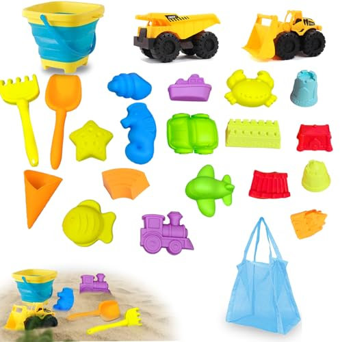 Sandspielzeug Set für Kinder, 24 Stück Kinder Sandkasten Spielzeug mit Sandförmchen, Sandspielzeug Faltbarer Eimer, Spielzeugauto, Sandschaufel, Netzbeutel für Jungen Mädchen ab 3 Jahre