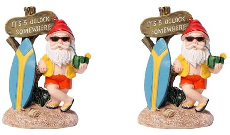 Remingtape 2X Harz Lustige GNOME-Figuren mit Surfbrett-Willkommensschild Es Ist 5 Uhr Irgendwo Statue für Hausgarten-Yard-Dekoration