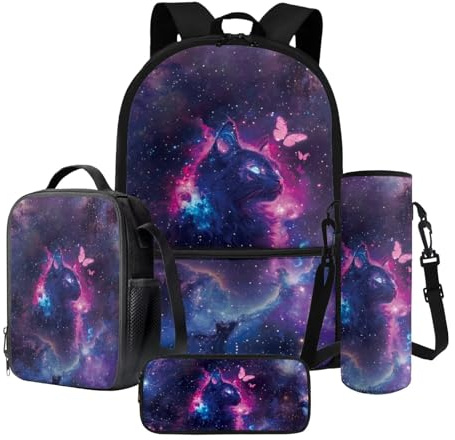 Xoenoiee Grand sac à dos isotherme pour déjeuner et porte-bouteille d'eau 4 pièces pour enfants Motif chats et chiens, Chat Papillon Galaxie, Taille unique, Ensemble cartable