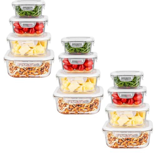 Innoteck 4pc Square Glass Storage Container Set with Snap Lock Lids - Watertight & Airtight Lids - Heat & Cold Resistant Glass - Microwave, Oven, Freeze & Dishwasher Safe - for Meal Prep, Set of 12