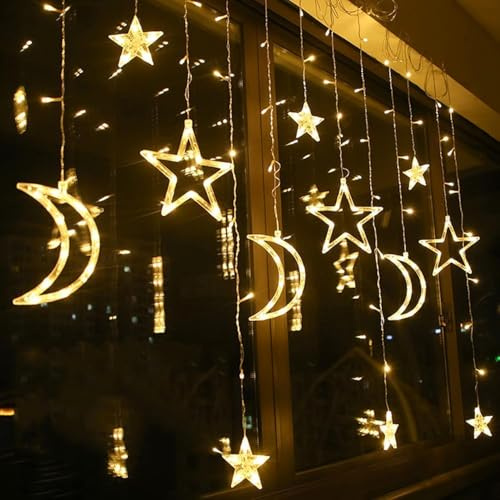 Kaliwa 138 LED Weihnachten Stern Lichterkette, 3.5m Warmweiß LED Sternenvorhang mit 2 Blinkmodi, USB & Batterie betrieben, Fenster Lichter Deko für Weihnachten, Party, Zuhause, Hochzeit, Balkon