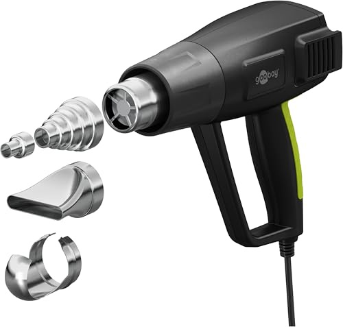 goobay 1500W Heißluftpistole - Heißluftfön, LCD Display, 2 einstellbare Temperaturintervalle (100°C-650°C), Luftstrom 450I/min, inkl. 4 Aufsätze für Schrumpfschläuche, Entlöten, Verformen, Abtauen
