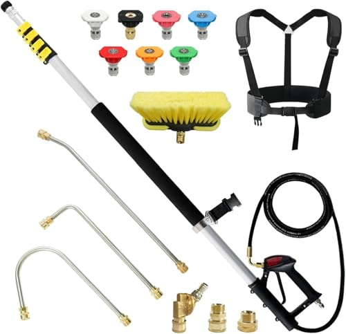 Gresonic Perche télescopique de 7,3 m pour Nettoyeur Haute Pression - Kit Complet avec Brosse, 2 Extensions, 7 Buses et Accessoires