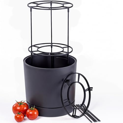 KONZEPT Tomatentopf mit Rankhilfe 39 cm Durchmesser, 35 L – Blumentopf groß mit Drainage & Einsatz mit Griffen, Wetter- & UV-beständig, für Balkon, Terrasse & Garten, Anthrazit