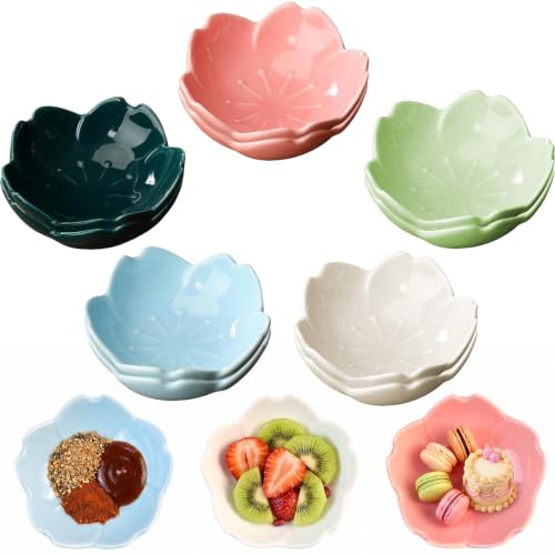 agctrler 10 Stück Blume Dipschalen Keramik Set, 5 Farben, 7,5cm | Soja Saucenschälchen, Gewürzschalen Klein für Sojasaucen, Vorspeisen, Sushi oder Snacks