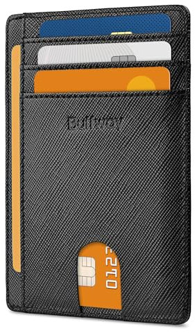Buffway Schlanke minimalistische Fronttasche RFID-blockierende Ledergeldbörsen für Männer und Frauen, Cross Black, Small, Minimalistisch